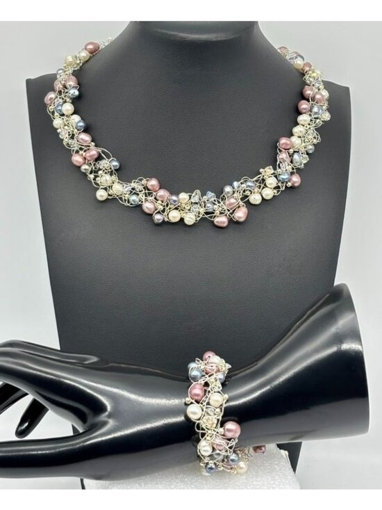 Violante's Garden Jewelry - Artisan-Made Collar and Bracelet Set .999 Fine Silver Freshwater Pearls Crystals